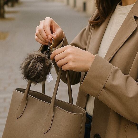 Black with White Tips Faux Fur Pom Pom Key Chain Keyring Bag Charm - Picture 3 of 4
